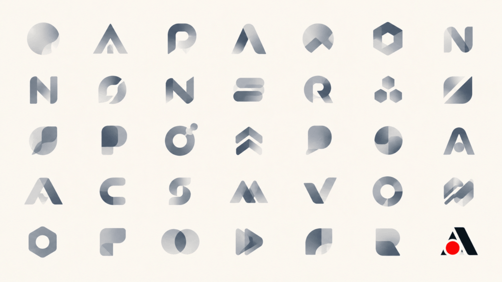 AI slop in branding: a grid of identical generic startup logos blending into sameness, with one distinctive brand mark breaking the pattern