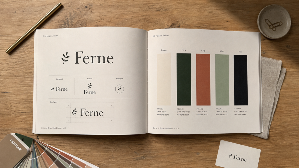 Brand identity design services by Yash Kaku Designs — logo, colour palette, and typography system laid out on a moodboard.