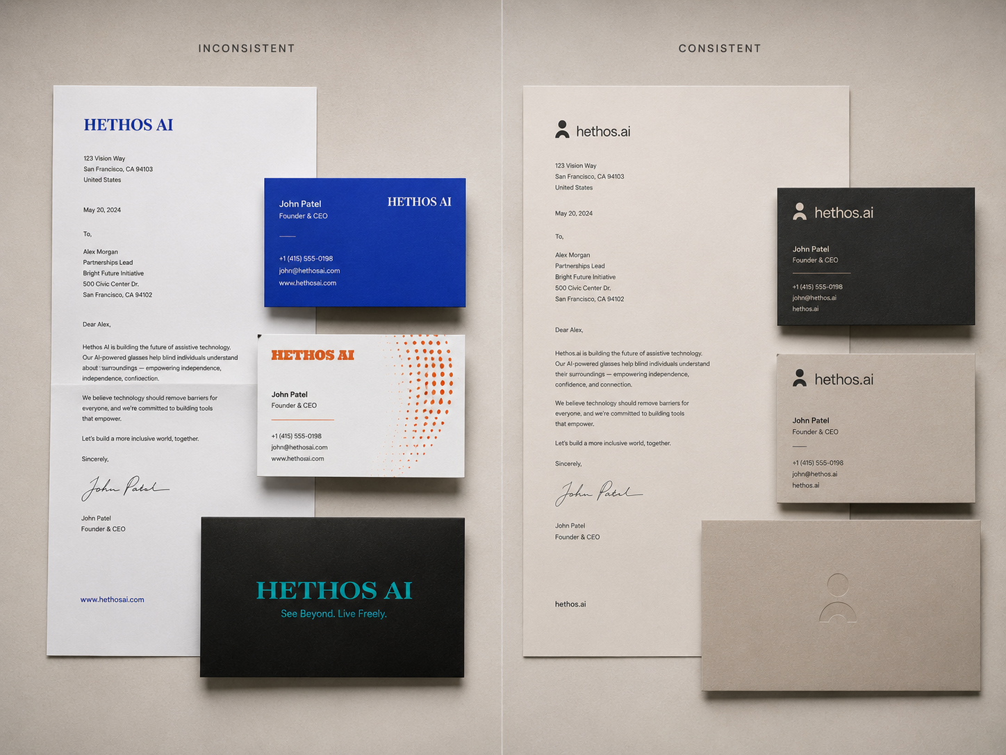 Brand identity design process — touchpoint consistency examples