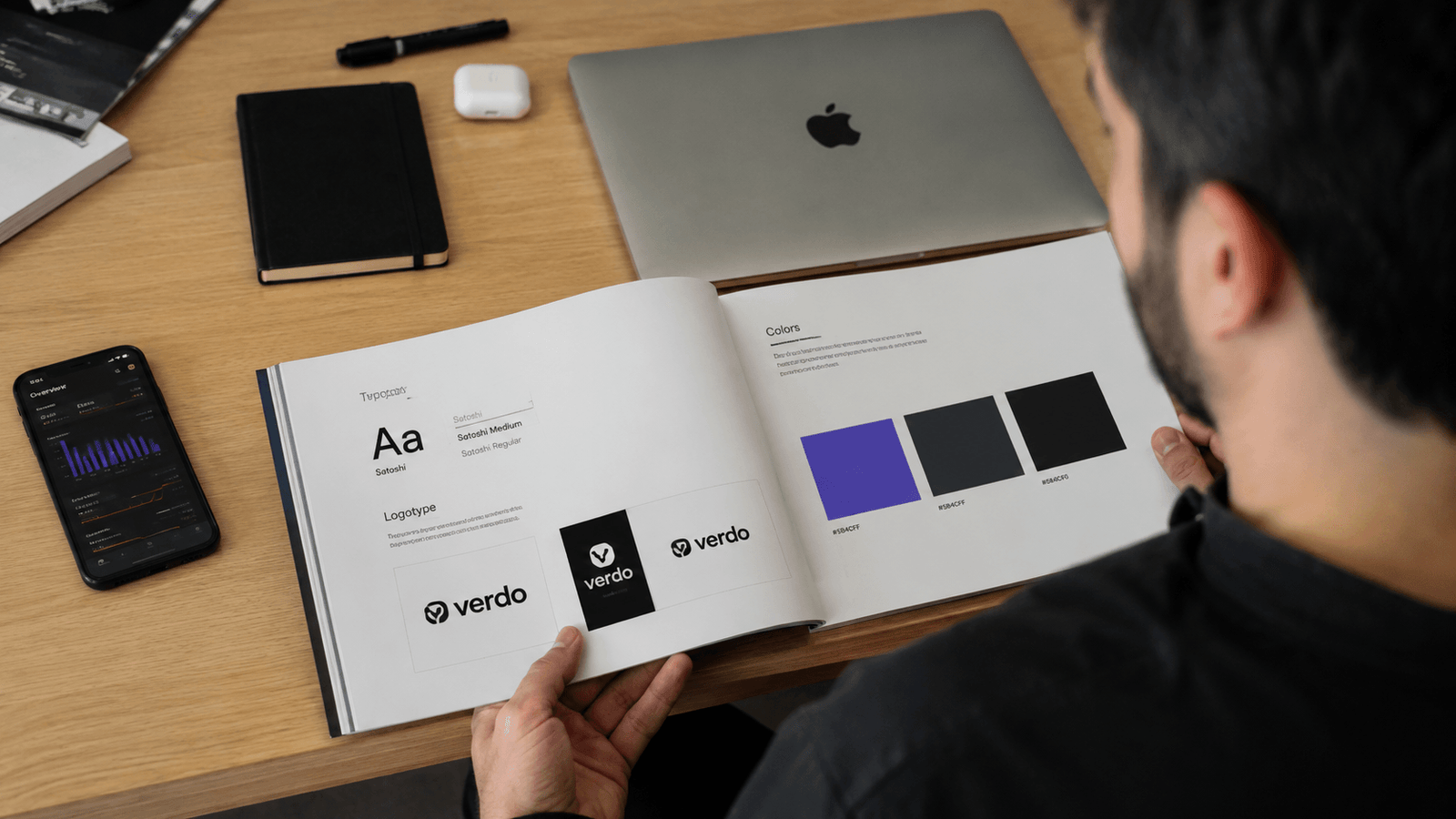 Branding services for startups visual showing a premium identity system with typography, layout structure, and product UI handoff.