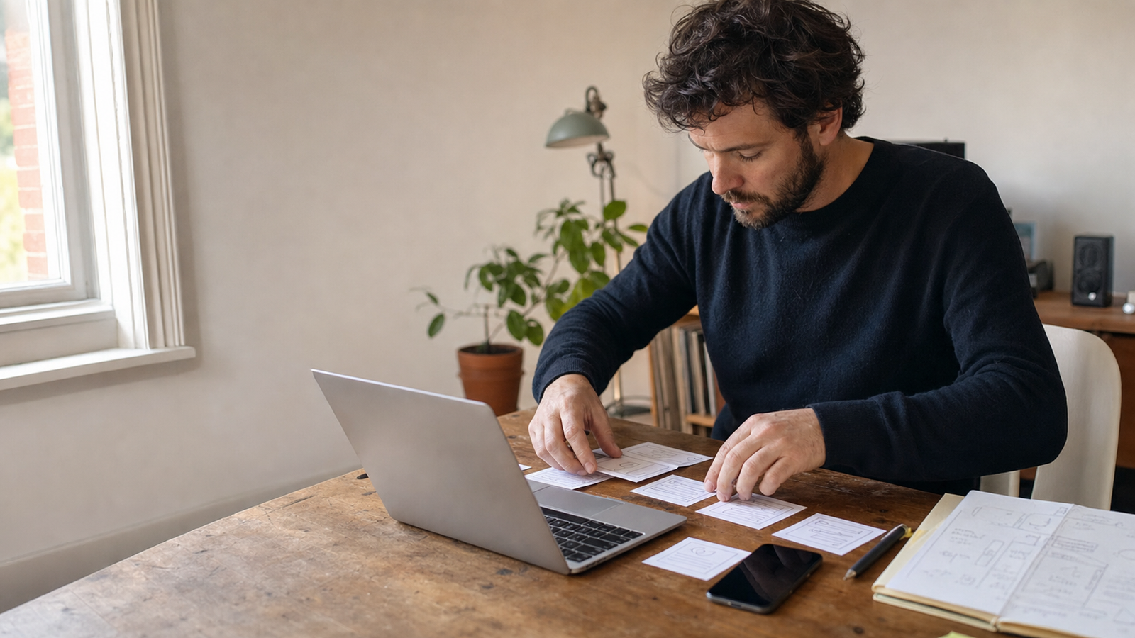 Minimum viable product example with a founder arranging a small product test at a desk