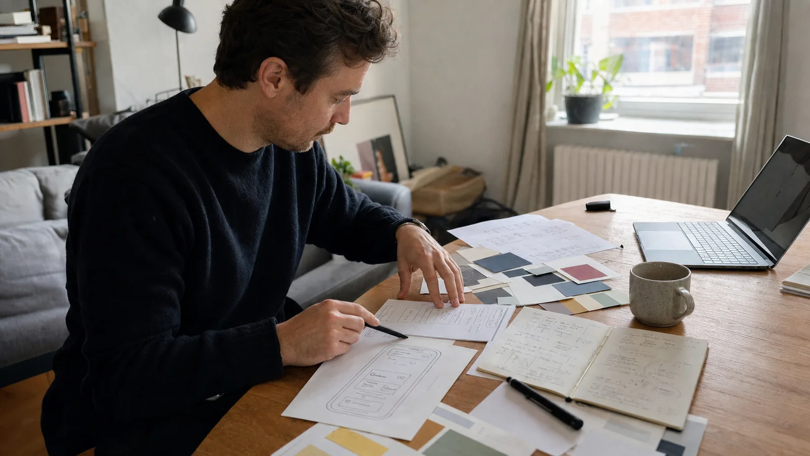 Startup company branding founder organizing customer notes and visual ideas